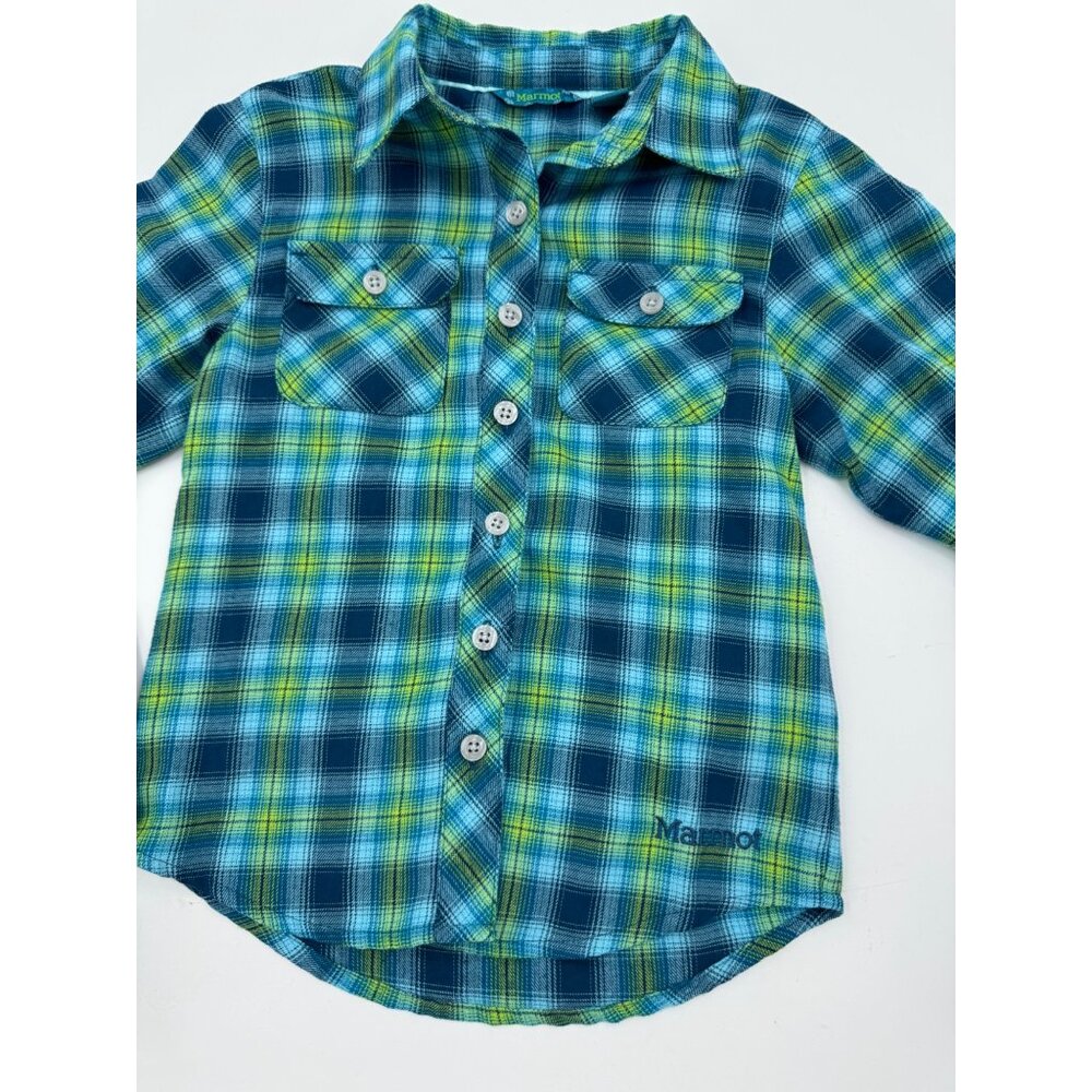 Marmot Kids XS Plaid Button-Down Shirt Blue & Green Cotton/Polyester Long Sleeve - Picture 2 of 10